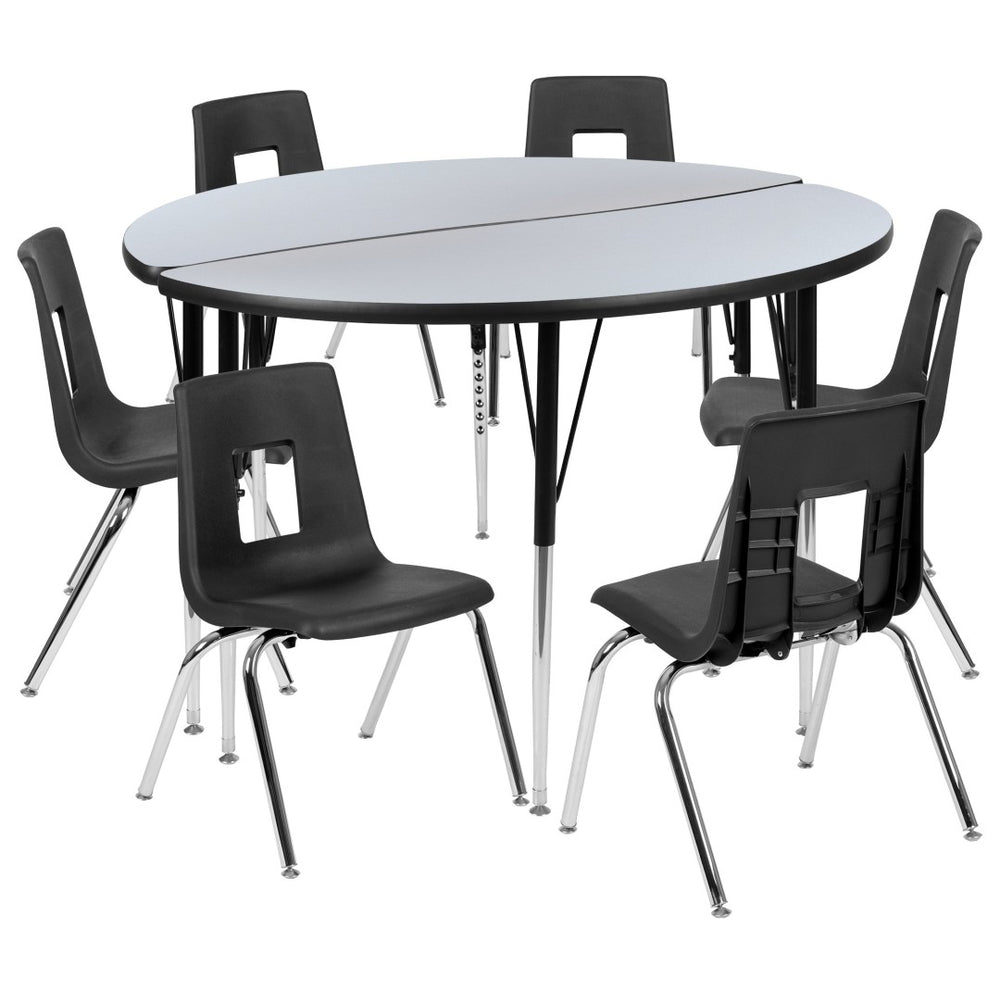 English Elm Emmy Circle Wave Flexible Laminate Activity Table Set with 7 Durable Student Stack Chairs for Classrooms Grey 47.5"W x 48"L XU-GRP-18CH-A48-HCIRC-GY-T-A-GG