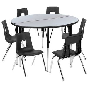 English Elm Emmy Circle Wave Flexible Laminate Activity Table Set with 7 Durable Student Stack Chairs for Classrooms Grey 47.5"W x 48"L XU-GRP-18CH-A48-HCIRC-GY-T-A-GG