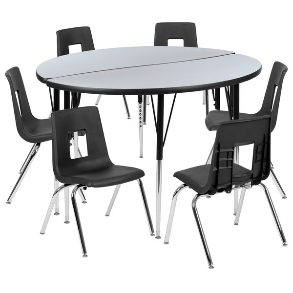 English Elm Emmy Circle Wave Flexible Laminate Activity Table Set with 7 Durable Student Stack Chairs for Classrooms Grey 47.5"W x 48"L XU-GRP-18CH-A48-HCIRC-GY-T-A-GG