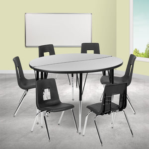 English Elm Emmy Circle Wave Flexible Laminate Activity Table Set with 7 Durable Student Stack Chairs for Classrooms Grey 47.5"W x 48"L XU-GRP-18CH-A48-HCIRC-GY-T-A-GG