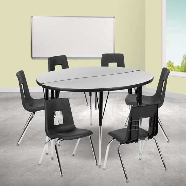 English Elm Emmy Circle Wave Flexible Laminate Activity Table Set with 7 Durable Student Stack Chairs for Classrooms Grey 47.5"W x 48"L XU-GRP-18CH-A48-HCIRC-GY-T-A-GG