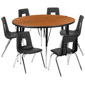 English Elm Emmy Circle Wave Flexible Laminate Activity Table Set with 7 Durable Student Stack Chairs for Classrooms Oak 47.5"W x 48"L XU-GRP-18CH-A48-HCIRC-OAK-T-A-GG