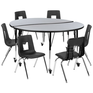 English Elm Emmy Mobile Circle Wave Activity Table Set with Stackable Chairs for Flexible Collaborative Learning Grey 60"W x 60"L XU-GRP-18CH-A60-HCIRC-GY-T-A-CAS-GG