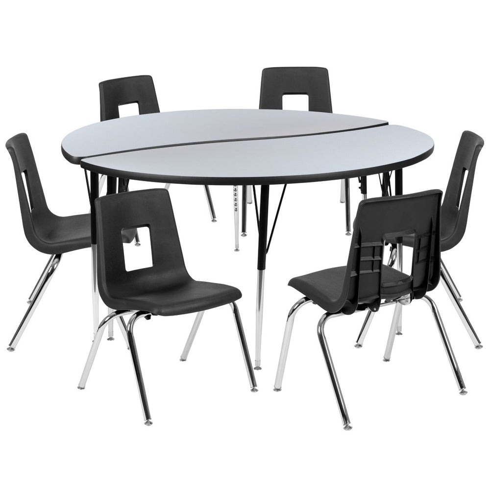 English Elm Emmy 8-Piece Circle Wave Activity Table Set with Ergonomic Student Chairs for Collaborative Learning Grey 60"W x 60"L XU-GRP-18CH-A60-HCIRC-GY-T-A-GG