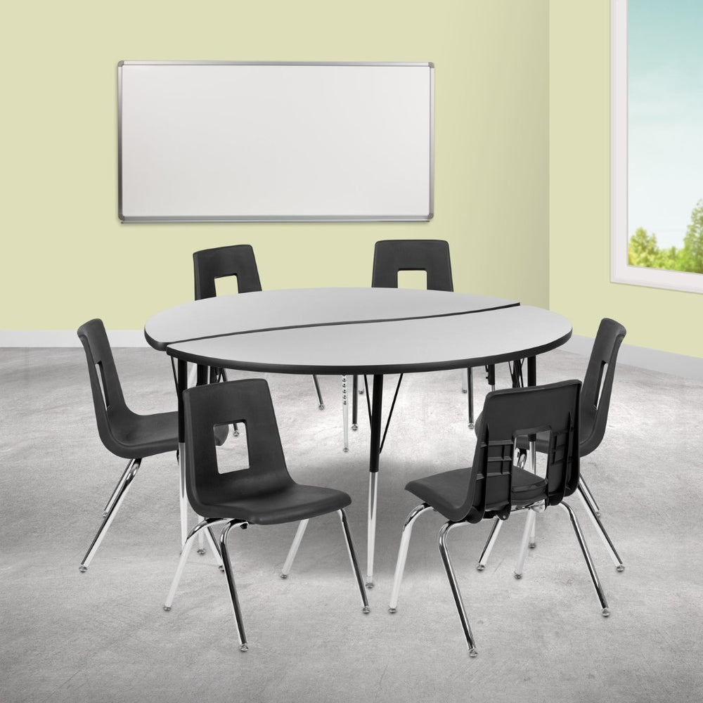 English Elm Emmy 8-Piece Circle Wave Activity Table Set with Ergonomic Student Chairs for Collaborative Learning Grey 60"W x 60"L XU-GRP-18CH-A60-HCIRC-GY-T-A-GG