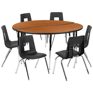English Elm Emmy 8-Piece Circle Wave Activity Table Set with Ergonomic Student Chairs for Collaborative Learning Oak 60"W x 60"L XU-GRP-18CH-A60-HCIRC-OAK-T-A-GG