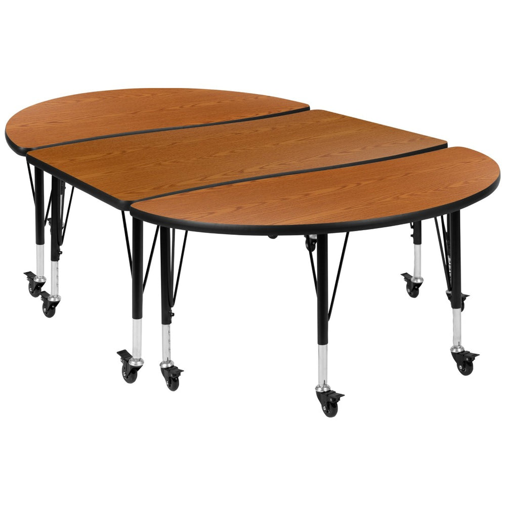 English Elm Emmy 3 Piece Adjustable Oval Activity Table Set for Collaborative Learning and Flexible Classrooms Oak 47.5"W x 76"L XU-GRP-A3048CON-48-OAK-T-P-CAS-GG