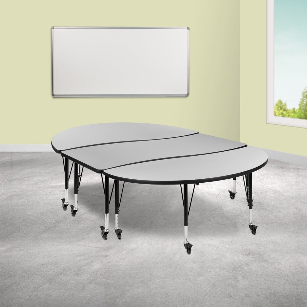 English Elm Emmy 3-Piece Mobile Oval Activity Table Set for Collaborative Learning Spaces – Height Adjustable Design Grey 60"W x 86"L XU-GRP-A3060CON-60-GY-T-P-CAS-GG