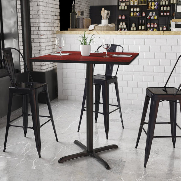 English Elm Stiles Bar Height Table Set with Durable Reversible Laminate Top for Restaurants and Cafeterias Mahogany 36" Square XU-MAHTB-3636-T3030B-GG