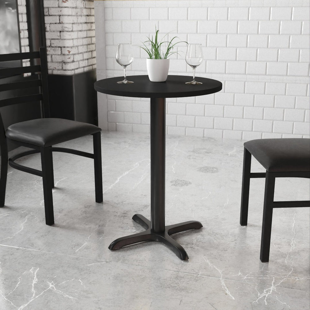 English Elm Stiles 24'' Round Black Laminate Table Top with Sturdy Cast-Iron Base for Dining & Hospitality Use XU-RD-24-BLKTB-T2222-GG