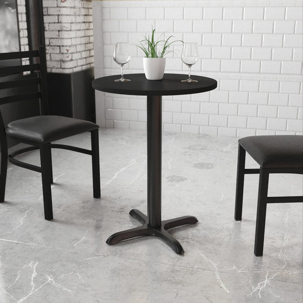 English Elm Stiles 24'' Round Black Laminate Table Top with Sturdy Cast-Iron Base for Dining & Hospitality Use XU-RD-24-BLKTB-T2222-GG