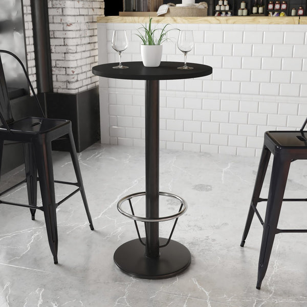 English Elm Stiles Commercial-Grade Bar-Height Round Table with Reversible Laminate Top and Chrome Foot Ring Black 24" Round XU-RD-24-BLKTB-TR18B-3CFR-GG