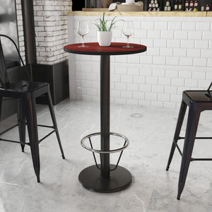 English Elm Stiles Commercial-Grade Bar-Height Round Table with Reversible Laminate Top and Chrome Foot Ring Mahogany 24" Round XU-RD-24-MAHTB-TR18B-3CFR-GG