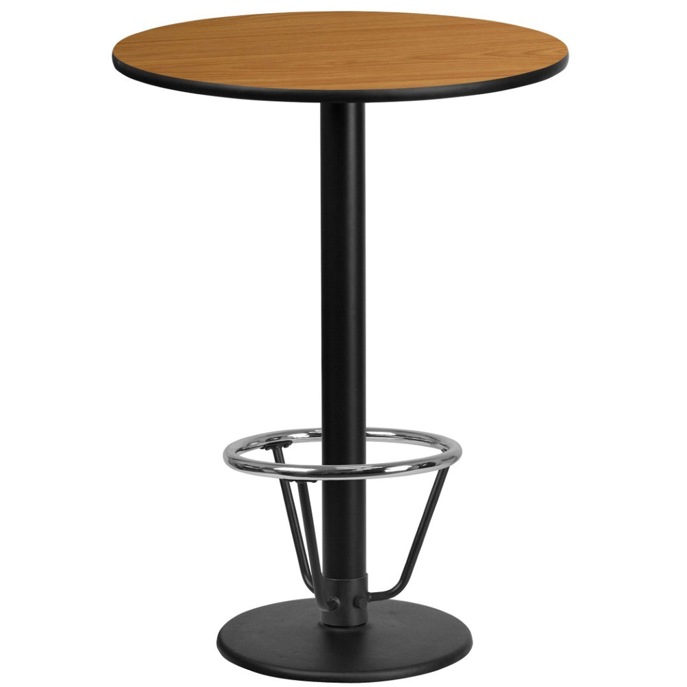 English Elm Stiles Commercial-Grade Bar-Height Round Table with Reversible Laminate Top and Chrome Foot Ring Walnut 24" Round XU-RD-24-WALTB-TR18B-3CFR-GG