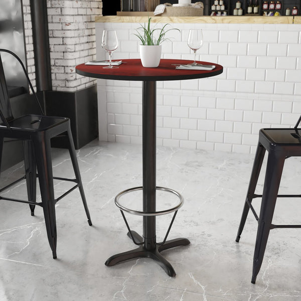 English Elm Stiles Commercial-Grade Bar Height Table Set with Durable Laminate Top and Chrome Foot Ring Mahogany 30" Round XU-RD-30-MAHTB-T2222B-3CFR-GG