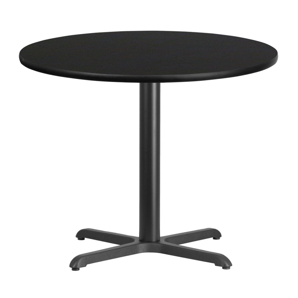 English Elm Stiles 36'' Round Black Laminate Table Top with Durable Cast Iron Base for Dining & Hospitality Use XU-RD-36-BLKTB-T3030-GG