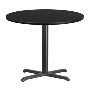English Elm Stiles 36'' Round Black Laminate Table Top with Durable Cast Iron Base for Dining & Hospitality Use XU-RD-36-BLKTB-T3030-GG