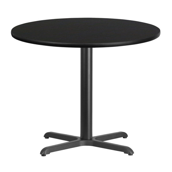 English Elm Stiles 36'' Round Black Laminate Table Top with Durable Cast Iron Base for Dining & Hospitality Use XU-RD-36-BLKTB-T3030-GG