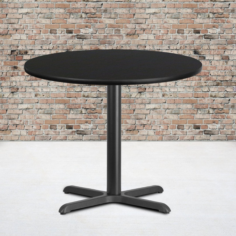 English Elm Stiles 36'' Round Black Laminate Table Top with Durable Cast Iron Base for Dining & Hospitality Use XU-RD-36-BLKTB-T3030-GG