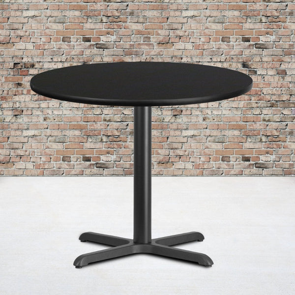 English Elm Stiles 36'' Round Black Laminate Table Top with Durable Cast Iron Base for Dining & Hospitality Use XU-RD-36-BLKTB-T3030-GG