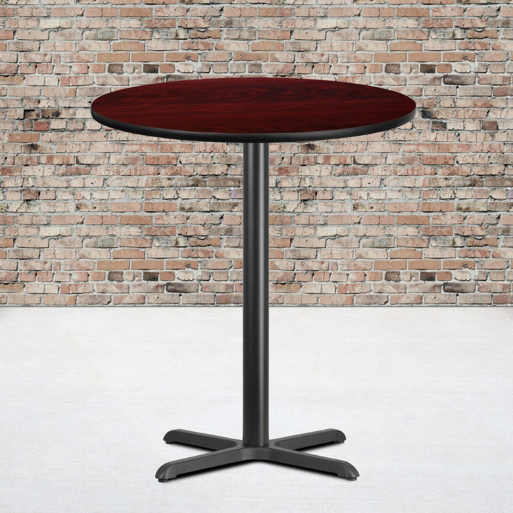 English Elm Stiles Commercial-Grade Bar Height Table Set with Reversible Laminate Top for Dining Spaces Mahogany 36" Round XU-RD-36-MAHTB-T3030B-GG