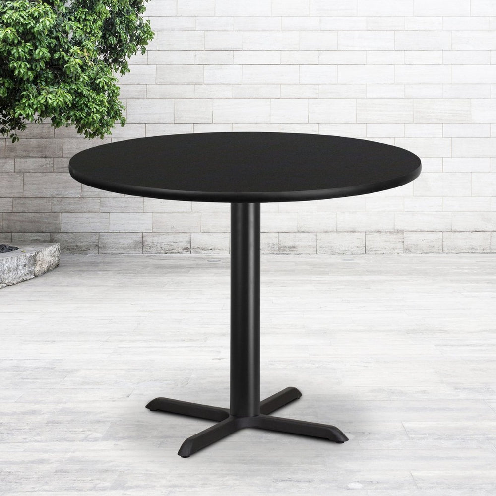 English Elm Stiles 42" Round Black Laminate Table Top with Cast Iron Base for Durable Dining & Hospitality Use XU-RD-42-BLKTB-T3333-GG