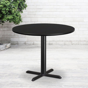 English Elm Stiles 42" Round Black Laminate Table Top with Cast Iron Base for Durable Dining & Hospitality Use XU-RD-42-BLKTB-T3333-GG