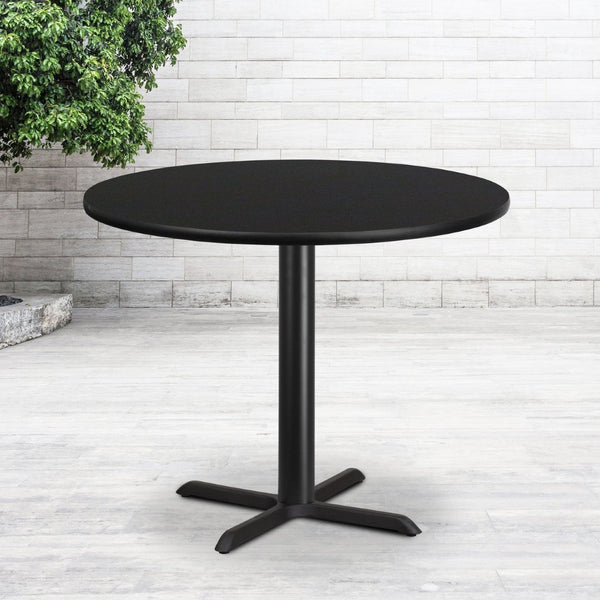 English Elm Stiles 42" Round Black Laminate Table Top with Cast Iron Base for Durable Dining & Hospitality Use XU-RD-42-BLKTB-T3333-GG
