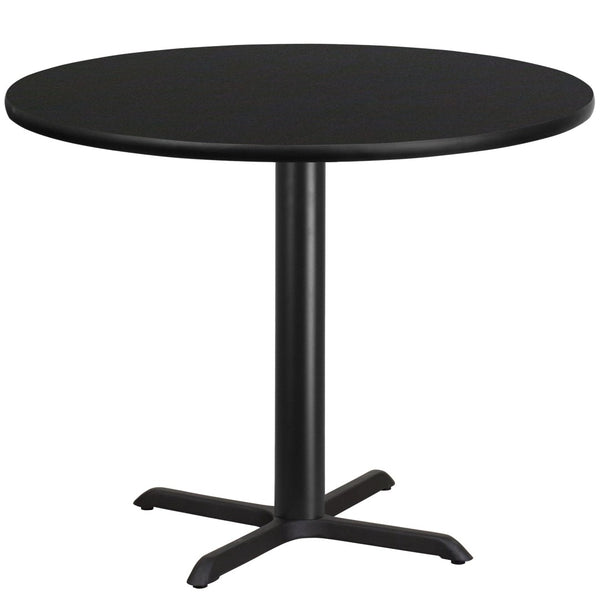 English Elm Stiles 42" Round Black Laminate Table Top with Cast Iron Base for Durable Dining & Hospitality Use XU-RD-42-BLKTB-T3333-GG