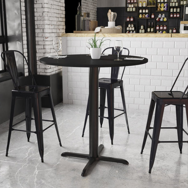 English Elm Stiles Durable Bar Height Table Set with Reversible Laminate Top and Sturdy X-Base for Hospitality Use Black 42" Round XU-RD-42-BLKTB-T3333B-GG