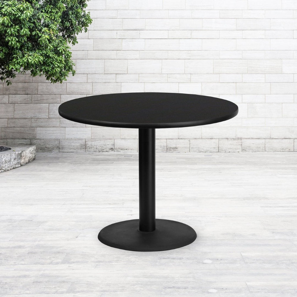 English Elm Stiles 42" Round Black Laminate Table Top with Versatile Mahogany Finish & Heavy-Duty Base XU-RD-42-BLKTB-TR24-GG