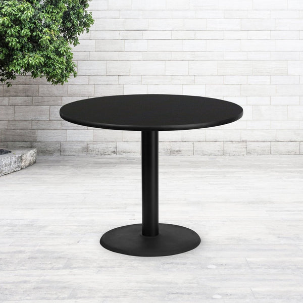 English Elm Stiles 42" Round Black Laminate Table Top with Versatile Mahogany Finish & Heavy-Duty Base XU-RD-42-BLKTB-TR24-GG