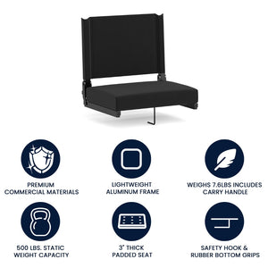 English Elm Grandstand Padded Stadium Chairs with 500 lb Capacity - Lightweight, Portable Folding Seats for Events Black XU-STA-BK-GG