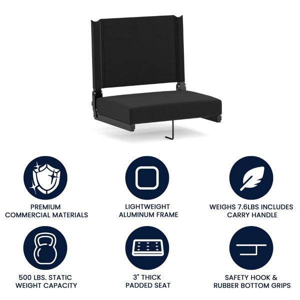 English Elm Grandstand Padded Stadium Chairs with 500 lb Capacity - Lightweight, Portable Folding Seats for Events Black XU-STA-BK-GG
