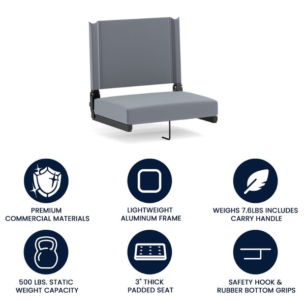 English Elm Grandstand Padded Stadium Chairs with 500 lb Capacity - Lightweight, Portable Folding Seats for Events Gray XU-STA-GY-GG