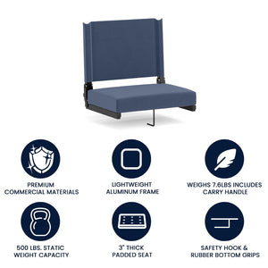 English Elm Grandstand Padded Stadium Chairs with 500 lb Capacity - Lightweight, Portable Folding Seats for Events Navy Blue XU-STA-NAVY-GG