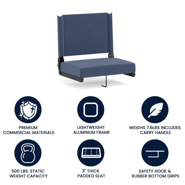 English Elm Grandstand Padded Stadium Chairs with 500 lb Capacity - Lightweight, Portable Folding Seats for Events Navy Blue XU-STA-NAVY-GG