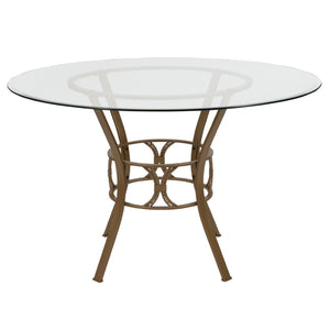 English Elm Carlisle Glass Dining Table with Sculptural Silver Base – Modern Elegance for Your Dining Room Clear Top/Matte Gold Frame 48" Round XU-TBG-1-GG