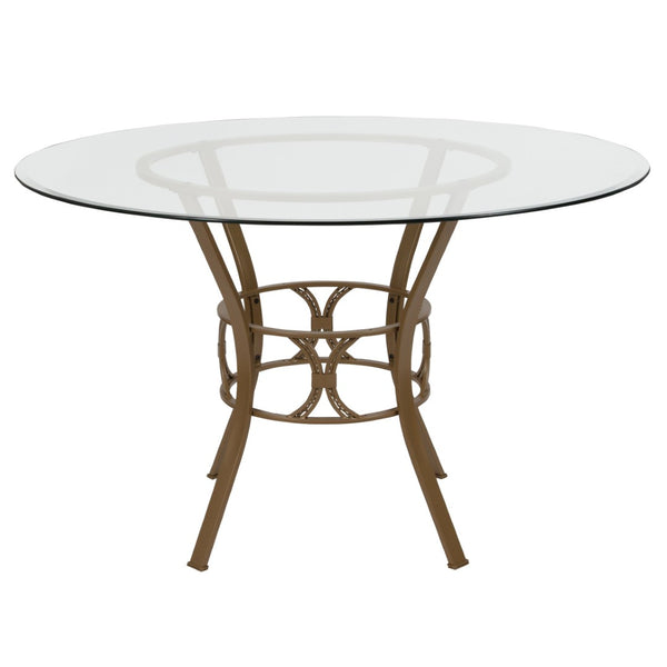 English Elm Carlisle Glass Dining Table with Sculptural Silver Base – Modern Elegance for Your Dining Room Clear Top/Matte Gold Frame 48" Round XU-TBG-1-GG