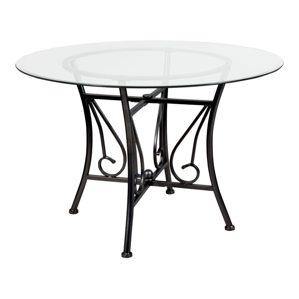 English Elm Princeton 45'' Round Glass Dining Table – Contemporary Black Metal Frame for Stylish Dining Spaces XU-TBG-17-GG