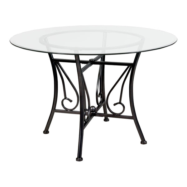 English Elm Princeton 45'' Round Glass Dining Table – Contemporary Black Metal Frame for Stylish Dining Spaces XU-TBG-17-GG