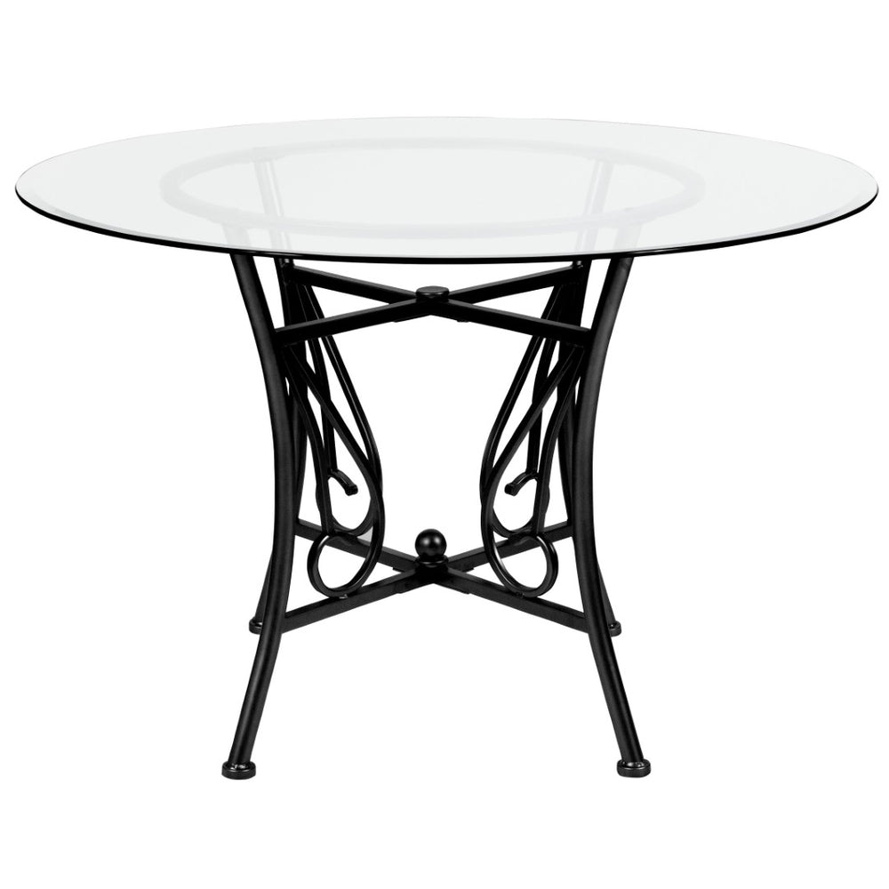 English Elm Princeton 45'' Round Glass Dining Table – Contemporary Black Metal Frame for Stylish Dining Spaces XU-TBG-17-GG