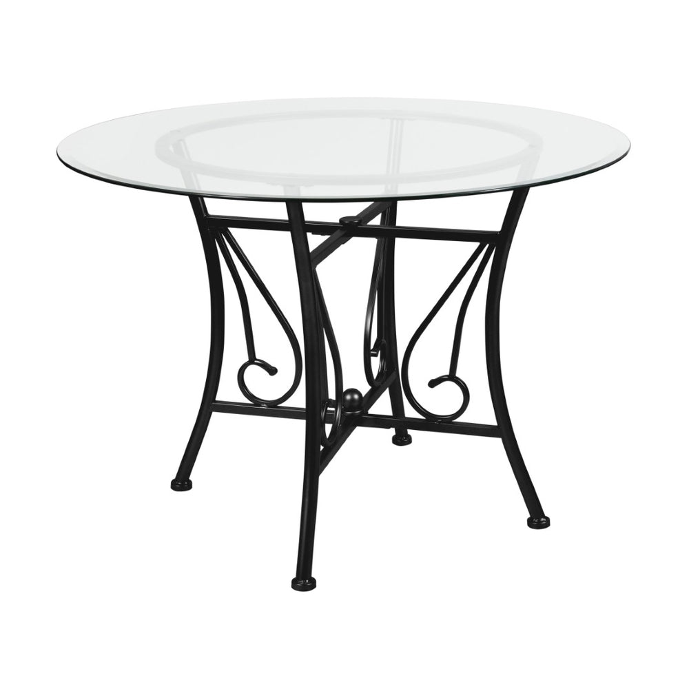 English Elm Princeton 42'' Round Glass Dining Table - Modern Black Metal Frame, Elegant Design for 4-5 Guests XU-TBG-18-GG