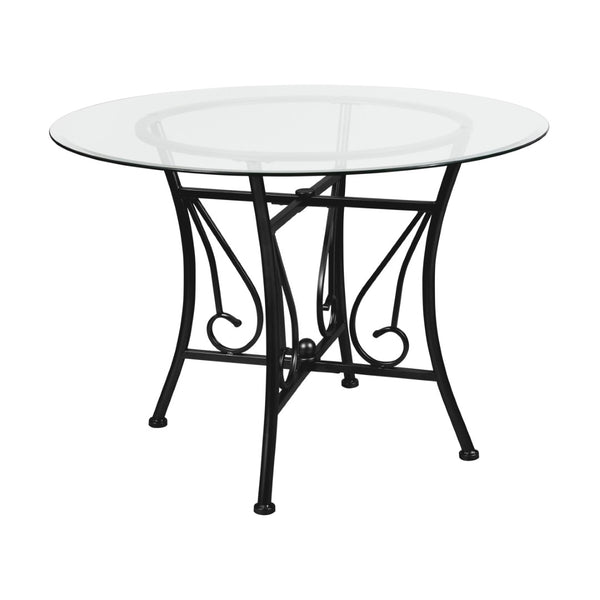 English Elm Princeton 42'' Round Glass Dining Table - Modern Black Metal Frame, Elegant Design for 4-5 Guests XU-TBG-18-GG