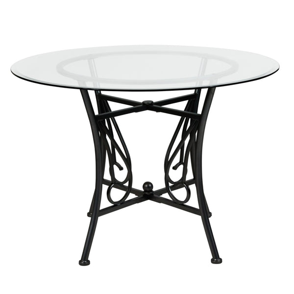 English Elm Princeton 42'' Round Glass Dining Table - Modern Black Metal Frame, Elegant Design for 4-5 Guests XU-TBG-18-GG