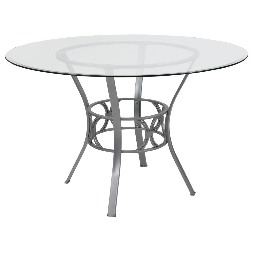 English Elm Carlisle Glass Dining Table with Sculptural Silver Base – Modern Elegance for Your Dining Room Clear Top/Black Frame 48" Round XU-TBG-4-GG