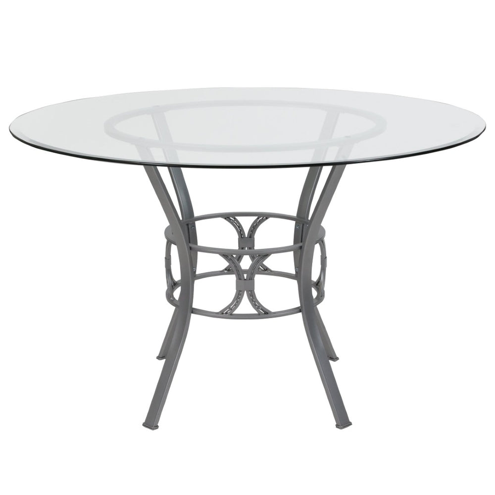 English Elm Carlisle Glass Dining Table with Sculptural Silver Base – Modern Elegance for Your Dining Room Clear Top/Silver Frame 48" Round XU-TBG-19-GG