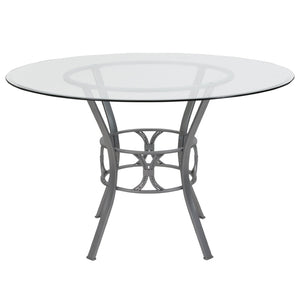 English Elm Carlisle Glass Dining Table with Sculptural Silver Base – Modern Elegance for Your Dining Room Clear Top/Silver Frame 48" Round XU-TBG-19-GG