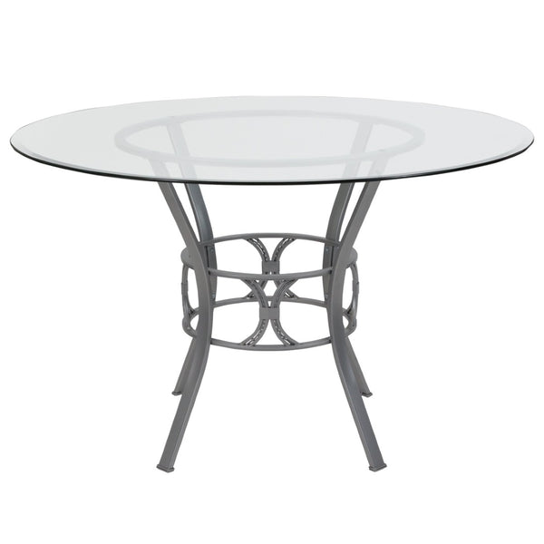 English Elm Carlisle Glass Dining Table with Sculptural Silver Base – Modern Elegance for Your Dining Room Clear Top/Silver Frame 48" Round XU-TBG-19-GG