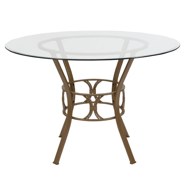 English Elm Carlisle Round Glass Dining Table with Elegant Silver Frame - Modern Design for Stylish Gatherings Clear Top/Matte Gold Frame 45" Round XU-TBG-2-GG